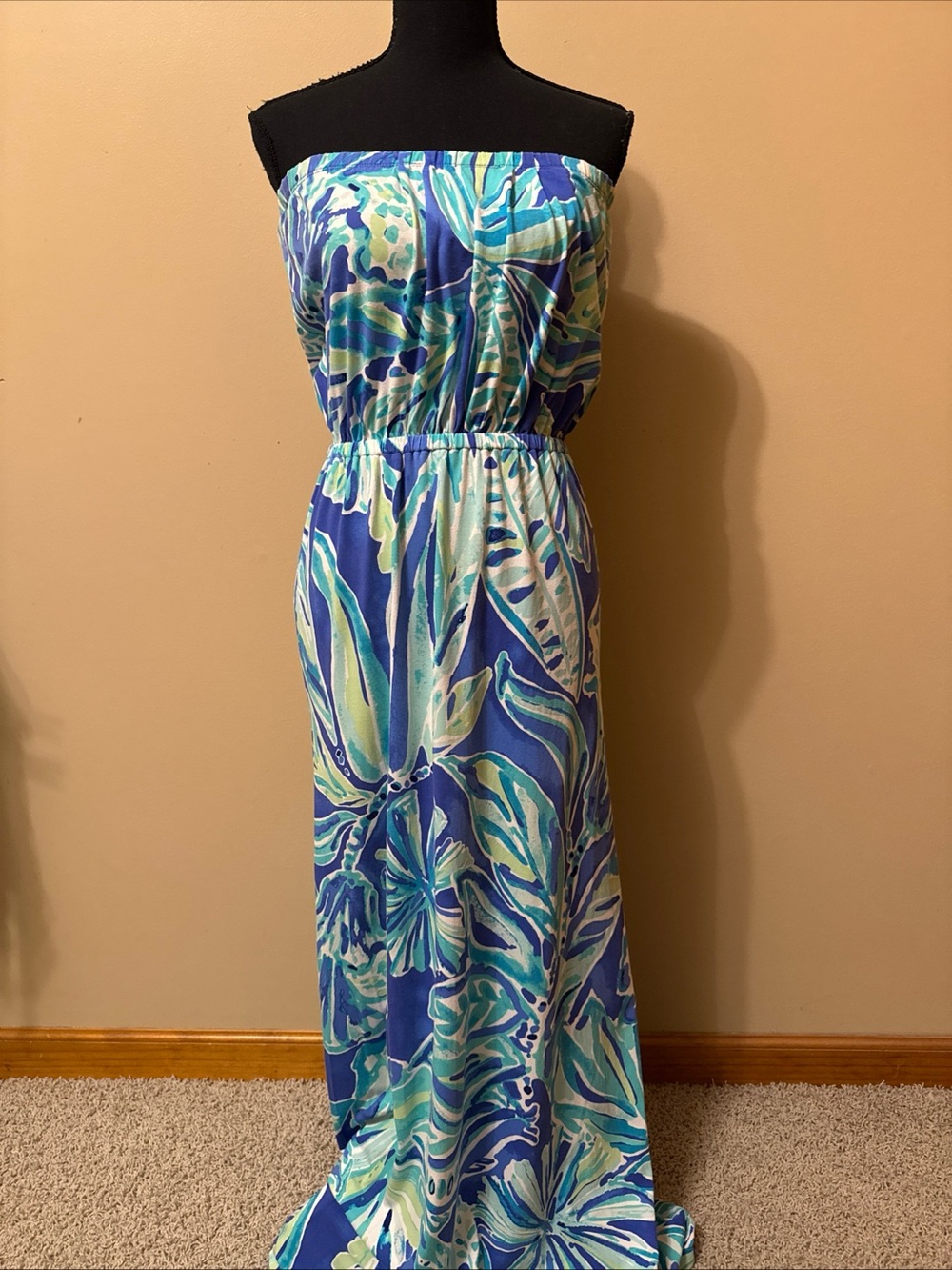 Lilly Pulitzer Blue Green Floral Strapless Maxi Dress